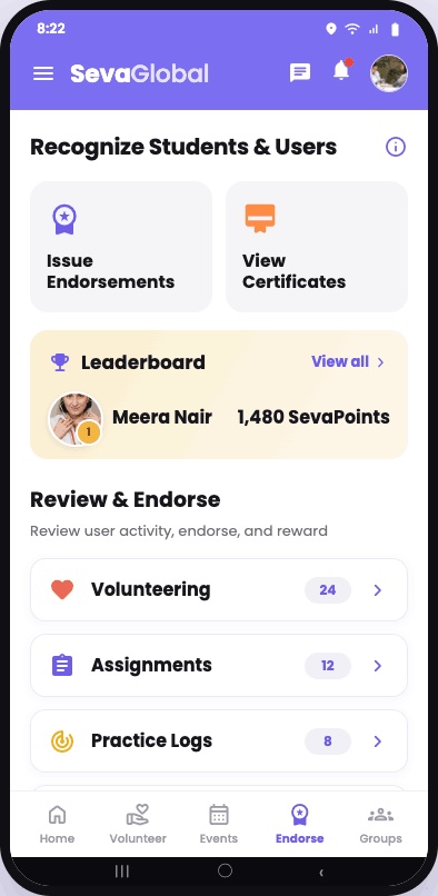 Organization endorses and awards points