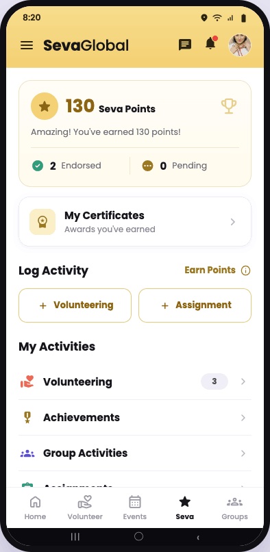 Volunteer Seva Points and activity log